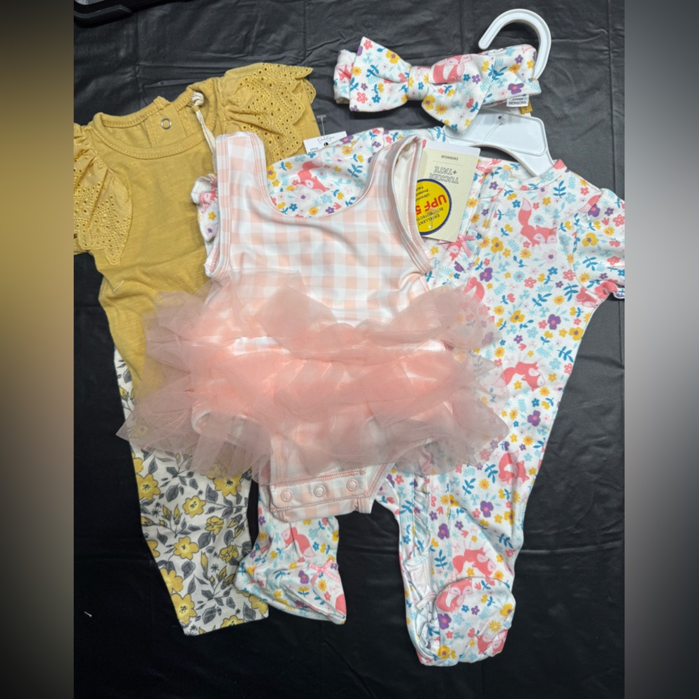 Bundle of 3 -Gingham pink tutu swimsuit, JS matching set, onesie